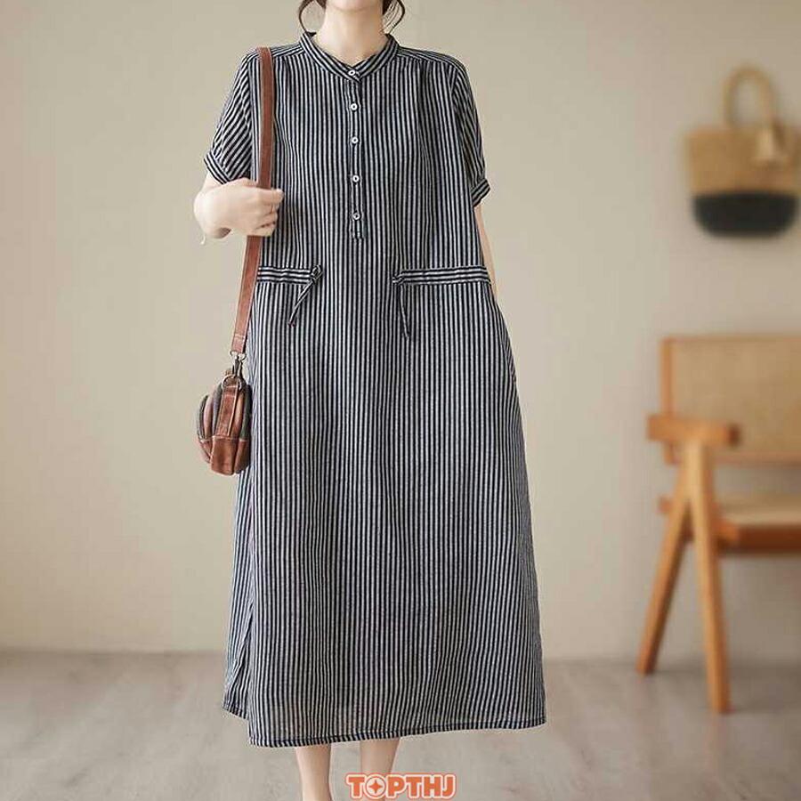 シャツワンピース ロングワンピース レディース ストライプ 半袖 ノー