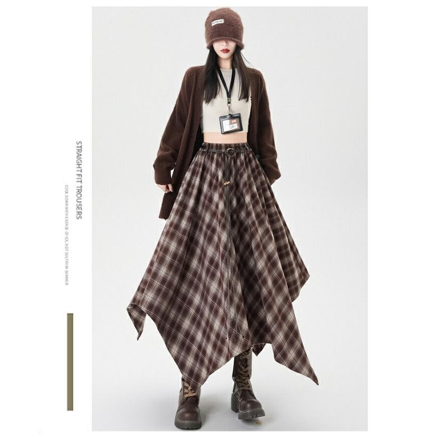 アシンメトリー フレアスカート ロング丈 チェック柄 不規則