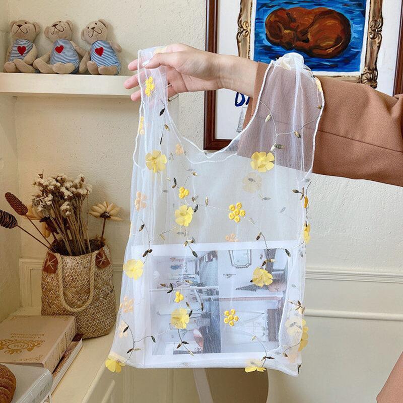 韓国風 トートバッグ デイジー刺繍 小花刺繍 透明 メッシュ ショルダー