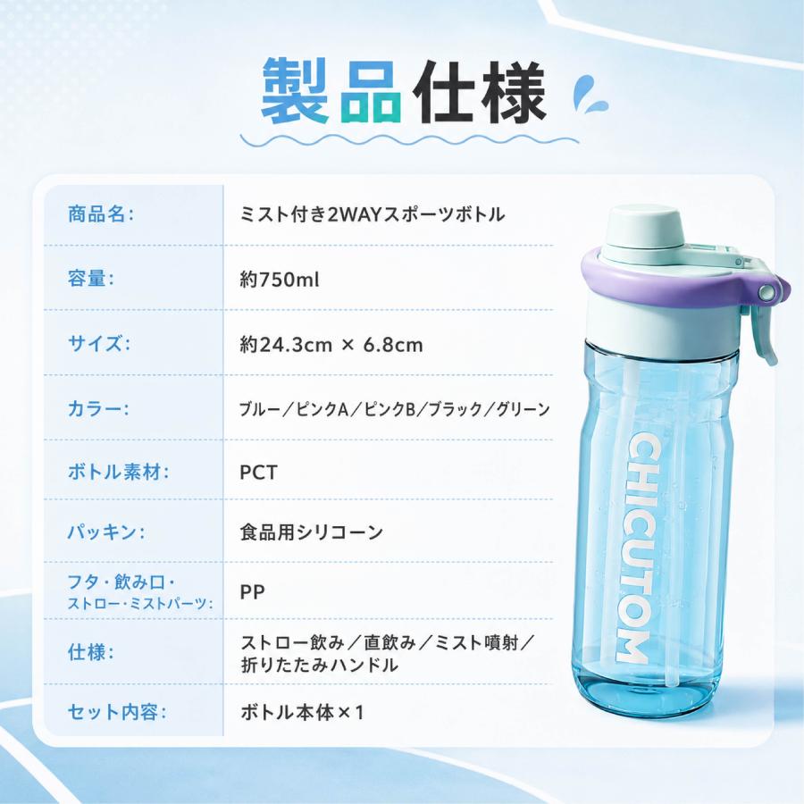 ミスト付き水筒 750ml スポーツボトル 2WAY飲み口 ストロー 直飲み