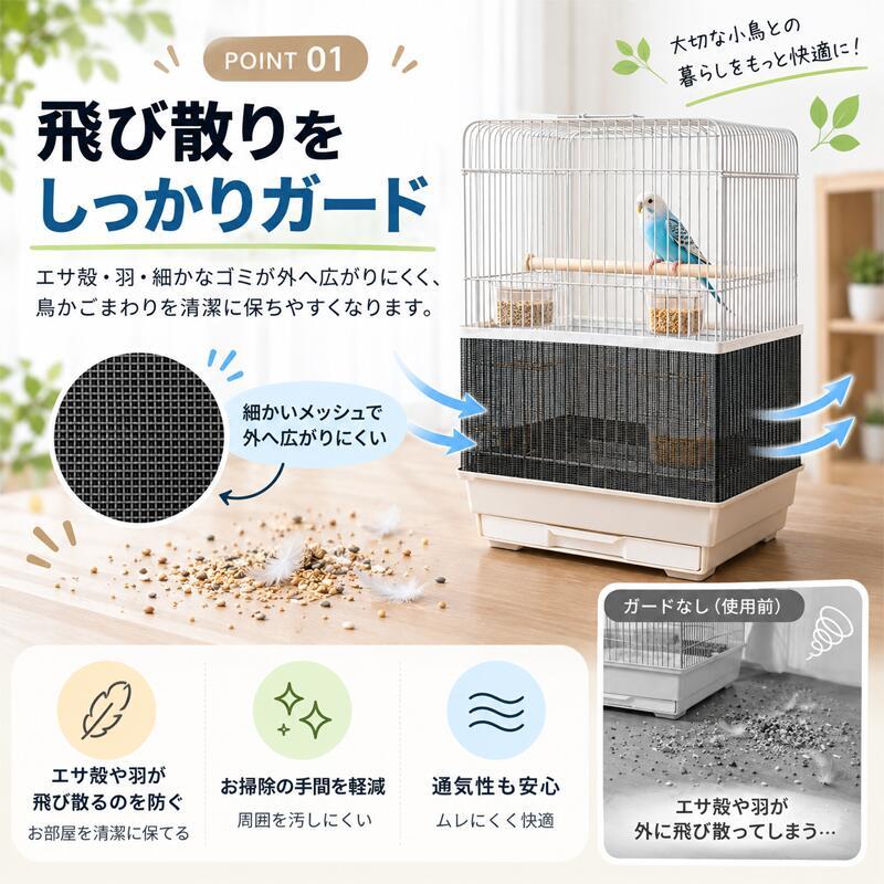 鳥かご防汚メッシュシート 鳥かご周り 飛び散り対策カバー エサ殻対策