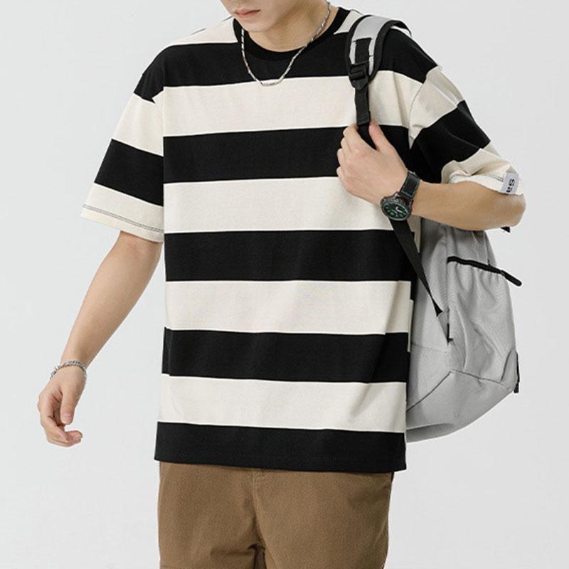 新品　未使用　 半袖Tシャツ M ホワイト ストライプ tシャツ メンズ トップス 丸首 半袖 ストライプ柄 Tシャツ 綿 夏