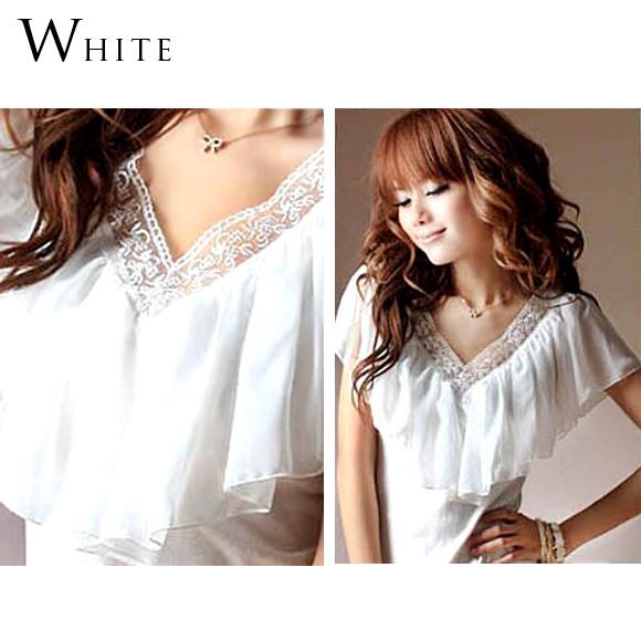 レディース フリルトップス 半袖 レース Vネック ブラウス チュニック Tシャツ カットソー シフォン レース セクシー 大人 春 夏 ch1246 |  | 07