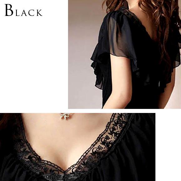 レディース フリルトップス 半袖 レース Vネック ブラウス チュニック Tシャツ カットソー シフォン レース セクシー 大人 春 夏 ch1246 |  | 08