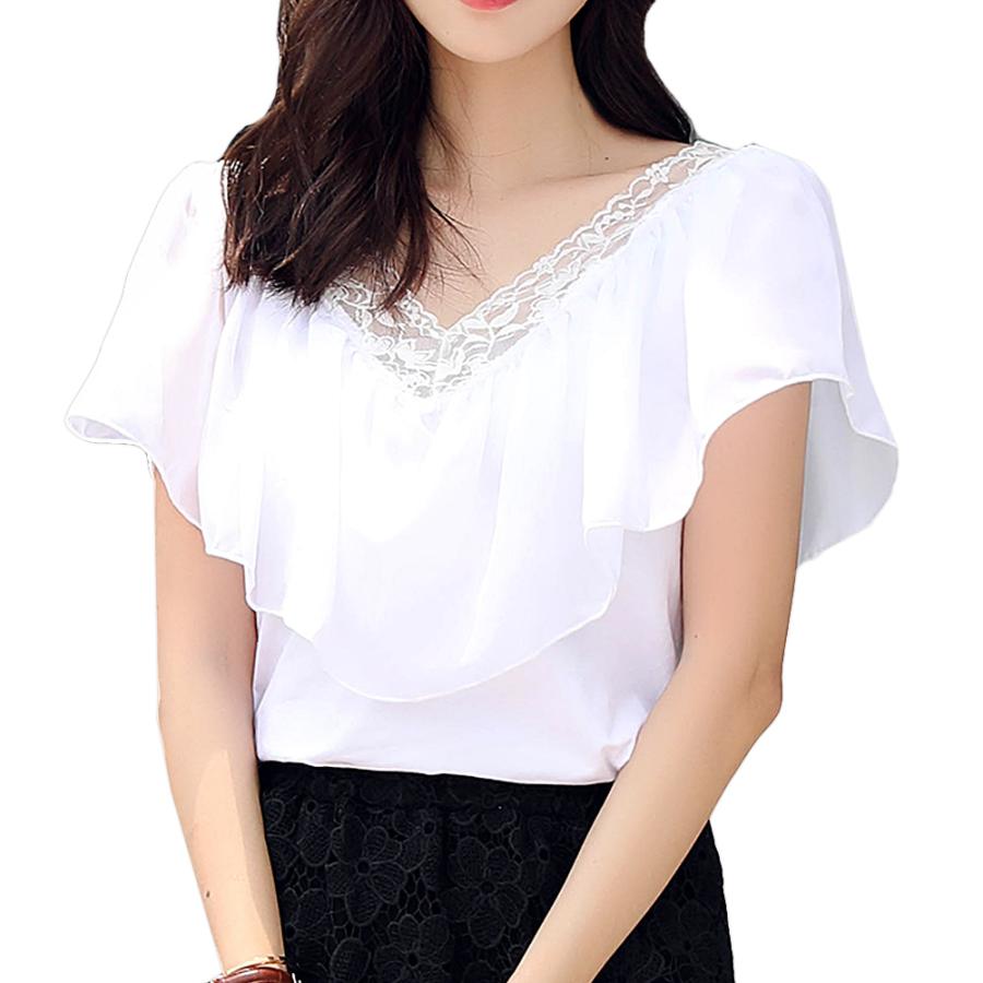 レディース フリルトップス 半袖 レース Vネック ブラウス チュニック Tシャツ カットソー シフォン レース セクシー 大人 春 夏 ch1246 |  | 10