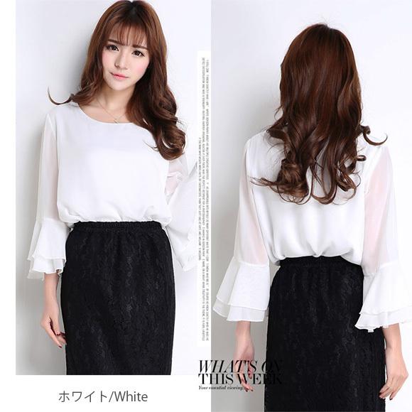 レディース ブラウス シフォン トップス  シースルー フリル袖 フレアースリーブ 無地 春夏 ch1769 |  | 14