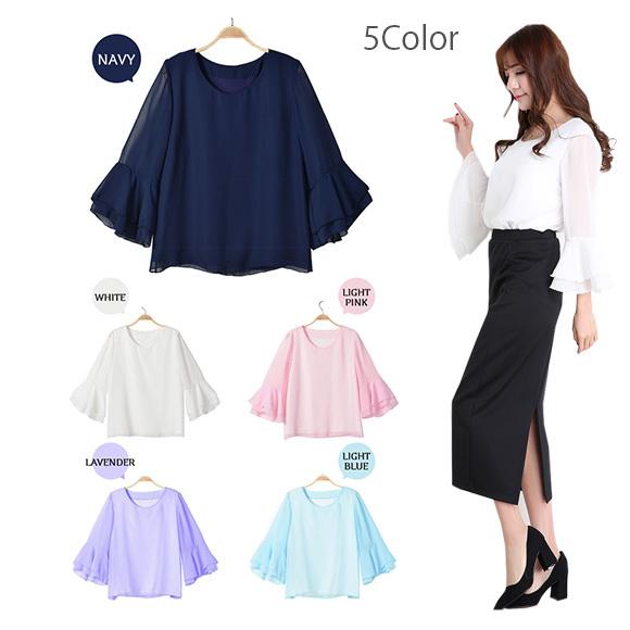 レディース ブラウス シフォン トップス  シースルー フリル袖 フレアースリーブ 無地 春夏 ch1769 |  | 21