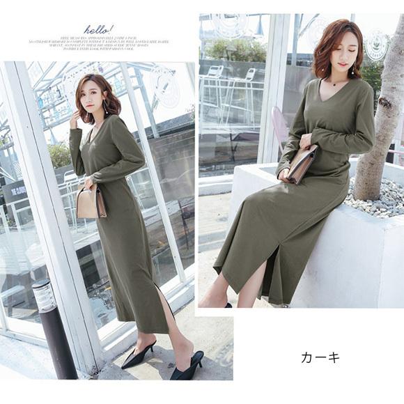 レディース ワンピース ロング Vネック 無地 Aライン 長袖 コットンマキシ丈 カットソー シンプル 着痩せ SEXY 大人 上品 春夏  ch1889 |  | 13