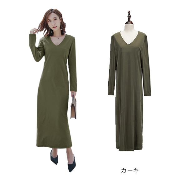 レディース ワンピース ロング Vネック 無地 Aライン 長袖 コットンマキシ丈 カットソー シンプル 着痩せ SEXY 大人 上品 春夏  ch1889 |  | 09