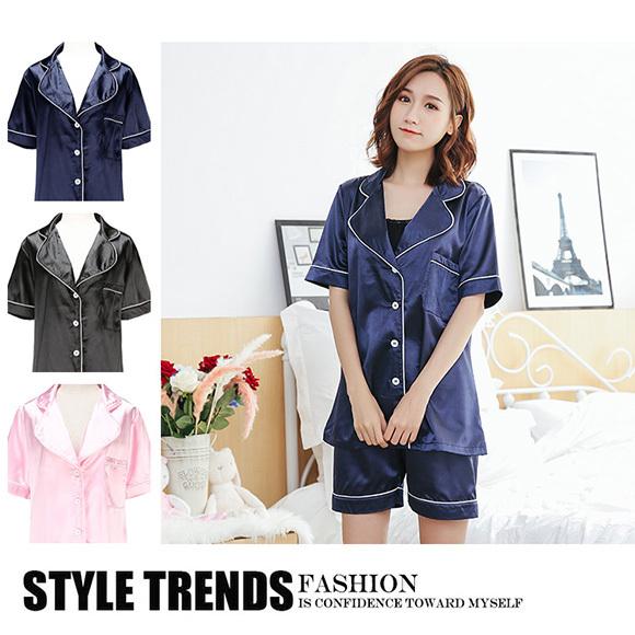 レディース パジャマ 半袖 2点セット ルームウエア インナー 部屋着 無地 サテン ナイトウェア 春夏 かわいい   ch1891 |  | 04