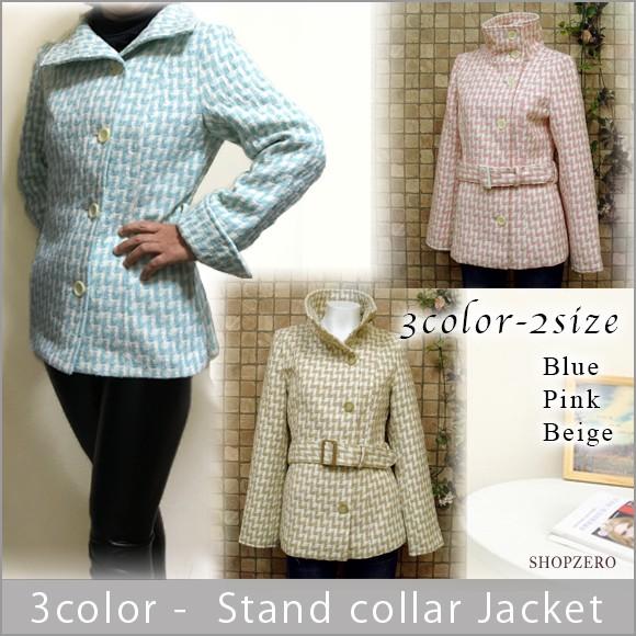 レディース ジャケット ショートコート スタンドカラー チェック柄 ベルト付き アウター dy2667 | 