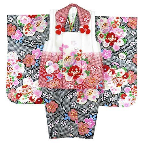 超激安 京都室町st 七五三 女の子 正絹 被布コートセット 白赤 着物 黒 牡丹に鞠 Whs1733 3歳 着物 着物 浴衣 和小物