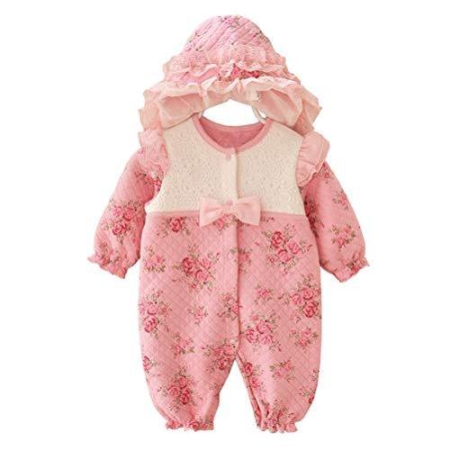 秋 春 子供服 女の子 丸襟 前開き 長袖ロンパース ベビー服 冬 6ｍ ピンク レース ゴム入れ 花柄 赤ちゃん カバーオール 綿１００ ロンパース カバーオール 数量は多