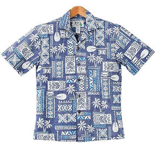 品質一番の メンズ アロハシャツ ハワイ製 Mサイズ) (US KY'S コットン 紺色 幾何学模様TAPA柄/ネイビー/裏生地 半袖
