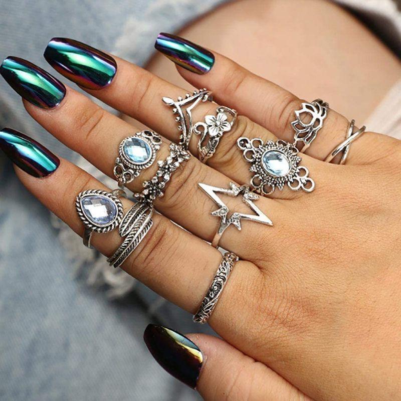 【特別送料無料！】 Woeoe Bling Crystal Stackable Rings Star Silver Knuckle Midi Ring Sets 指輪