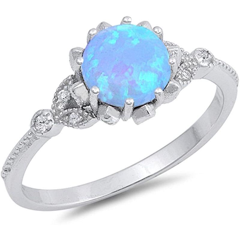 激安本物 New Ring Design Flower Opal Simulated Blue Round .925 Silver Sterling 指輪