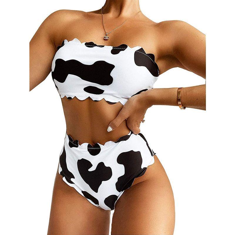 ずっと気になってた Women's Cow Print Bikini Set Bathing High Waisted Swimsuits Bandeau Tu その他水着