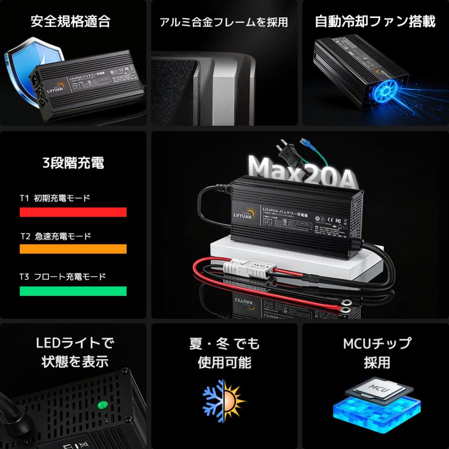 LVYUAN 自動バッテリー充電器リン酸鉄リチウムイオンバッテリー専用