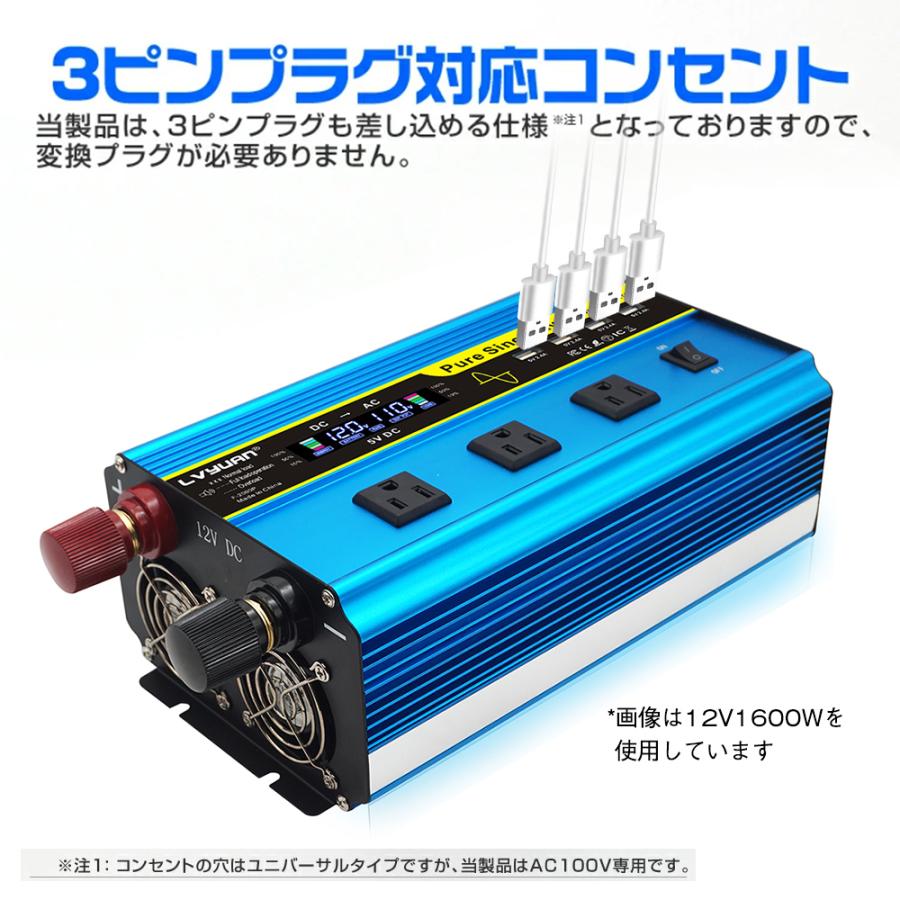 【永久保証】LVYUAN インバーター 正弦波 12V 1600W-3200W リモコン機能付き DC 12V→AC100V 変換 50HZ/60Hz ACコンセント×3/USBソケット×4｜shoryu-store｜06