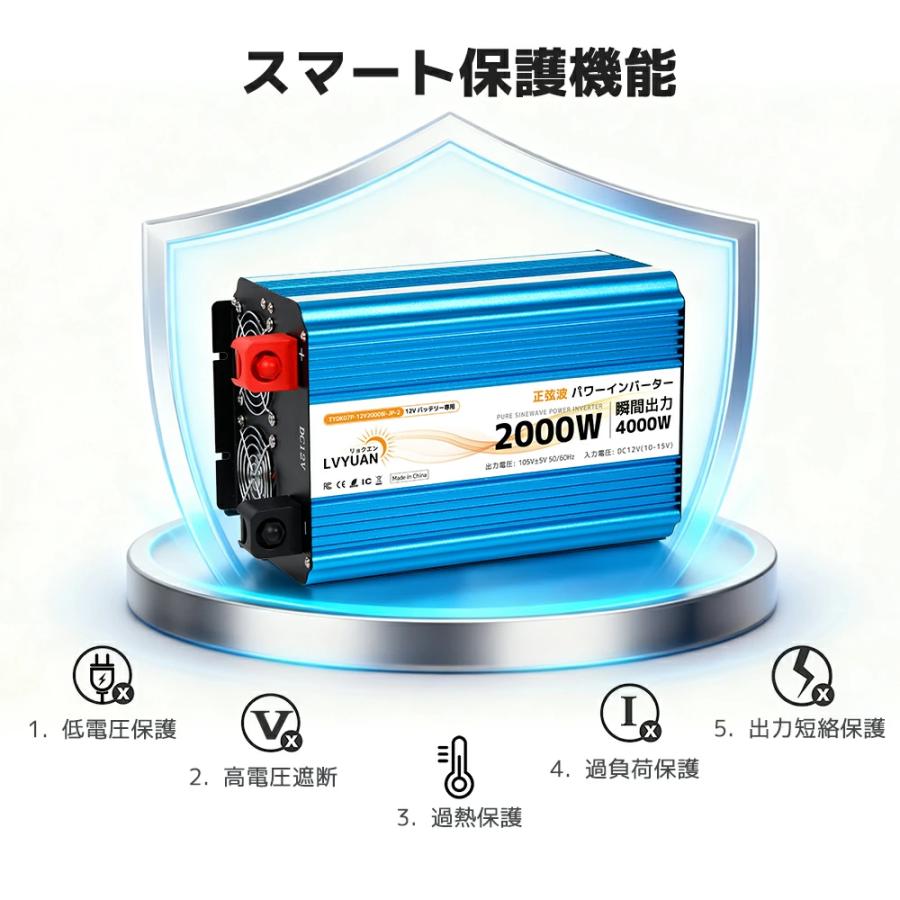 2025モデル LVYUAN インバーター 正弦波 DC12V 2000W 4000W（瞬間出力