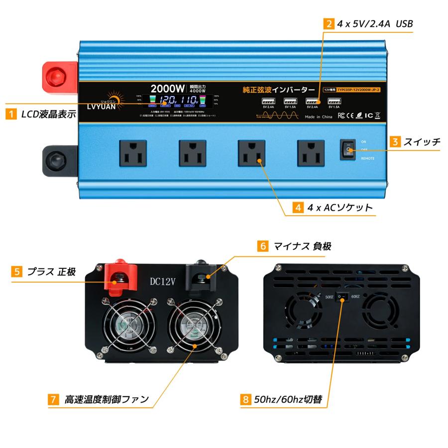 永久保証】インバーター 正弦波 DC 12V AC 100V 2000W 最大4000W 50Hz