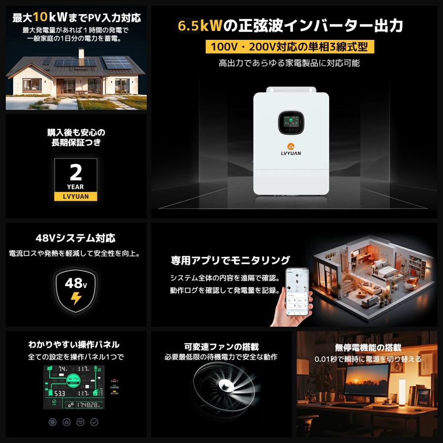LVYUAN 6.5KW 正弦波ハイブリッドインバーター オフグリッド AC100V/200V切替可 単相三線式 48Vバッテリー対応 ups機能 日本語説明書 2年保証【6台並列対応】 |  | 01