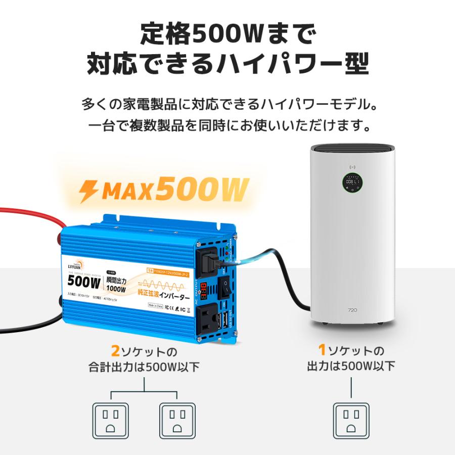 インバーター 正弦波 DC 12V AC100V 500W 最大 1000W 車変圧器 AC