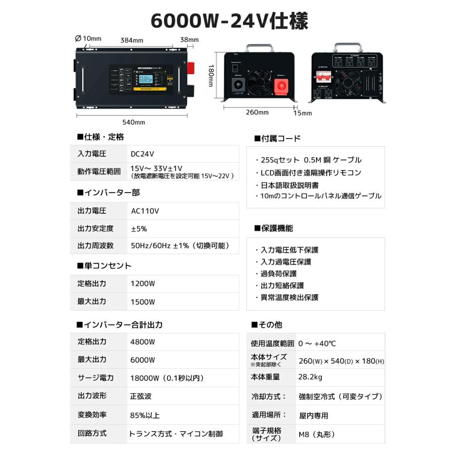 LVYUAN 純正弦波 低周波インバーター 6000W 24V/48V選択可 UPS パススルー対応 70A高速充電 LCDリモコン付 バッテリー充電器 車中泊 災害対策 RV【永久保証】の画像