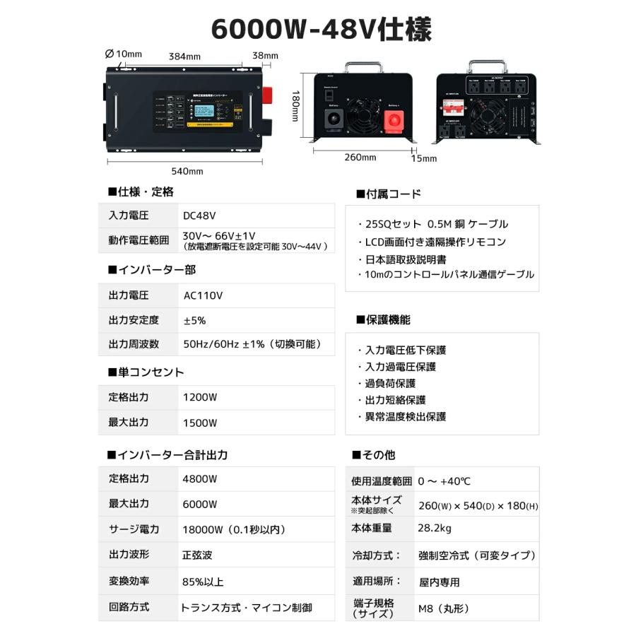 LVYUAN 純正弦波 低周波インバーター 6000W 24V/48V選択可 UPS パススルー対応 70A高速充電 LCDリモコン付 バッテリー充電器 車中泊 災害対策 RV【永久保証】の画像