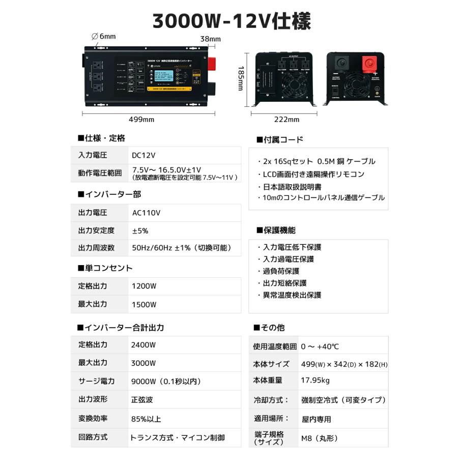 外部電源を接続可能 低周波 3KW 12Vインバータ UPS 無停電電源装置常時大容量 正弦波インバータ12V 3000W 最大 9000W DC12V（直流）AC100V（交流）変換の画像