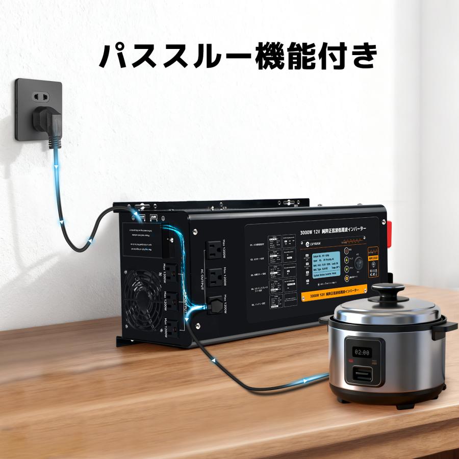 外部電源を接続可能 低周波 3KW 12Vインバータ UPS 無停電電源装置常時大容量 正弦波インバータ12V 3000W 最大 9000W DC12V（直流）AC100V（交流）変換の画像