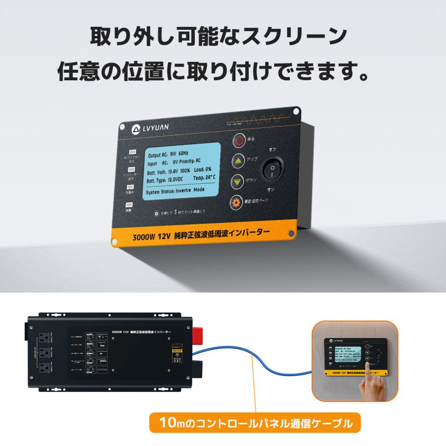 外部電源を接続可能 低周波 3KW 12Vインバータ UPS 無停電電源装置常時大容量 正弦波インバータ12V 3000W 最大 9000W DC12V（直流）AC100V（交流）変換の画像