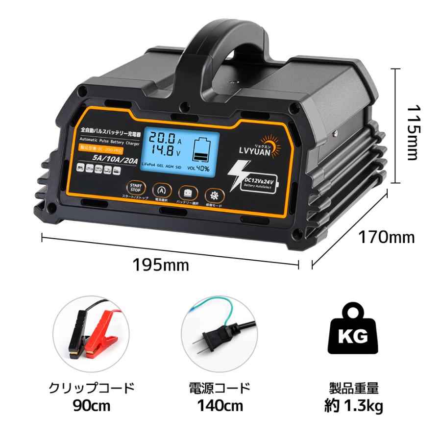 LVYUAN 新登場！全自動パルス充電器 15A 12V/24V鉛/LiFePO4 12V