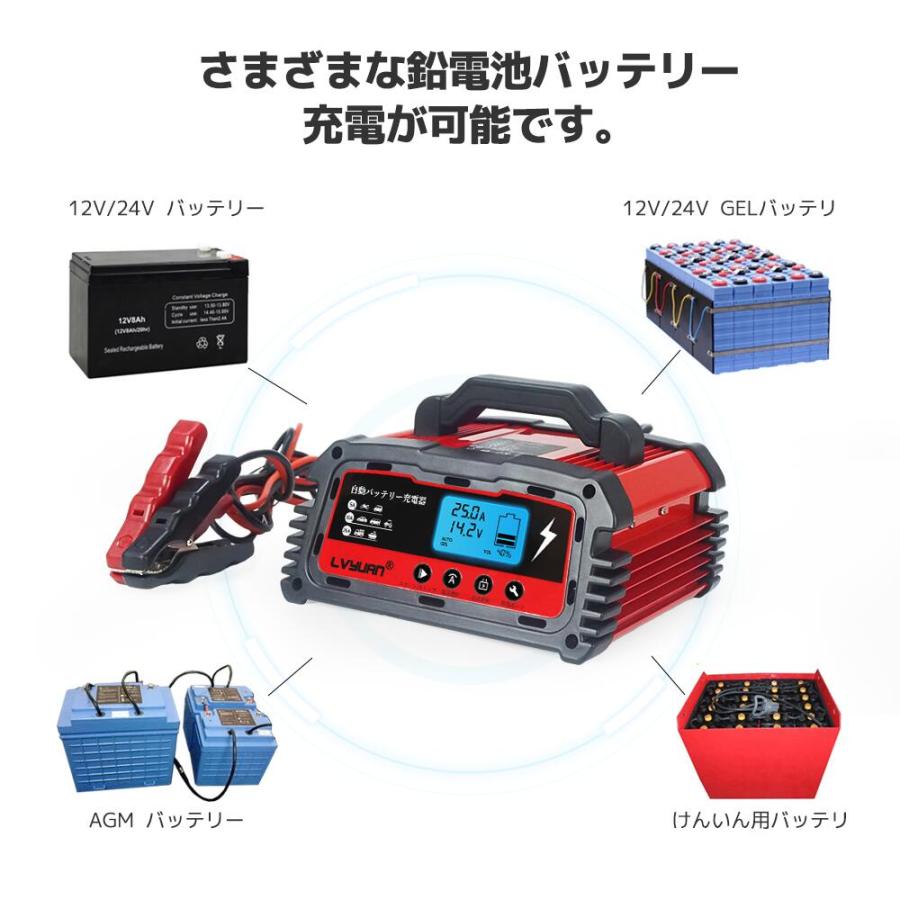 LVYUAN 全自動バッテリー充電器 スマートチャージャー 12V / 24V 対応 診断機能付 維持充電 パルス充電 バイク 脱硫充電 正規品 PSE取得済み (25Aモデル)｜shoryu-store｜06