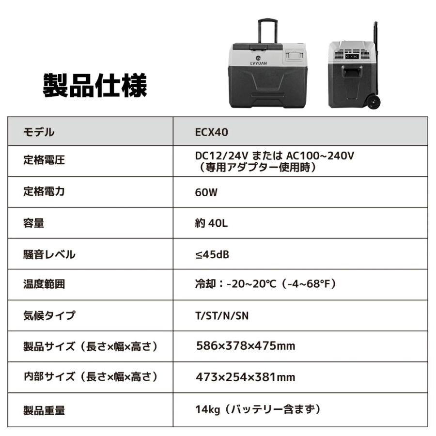 LVYUAN ポータブル車載冷蔵庫 40L バッテリー内蔵 大容量 -20℃〜20℃ 省エネ 急速冷凍 車載家庭両用 DC12V/24V AC100V 車中泊 キャンプ アウトドア 1年保証 |  | 18