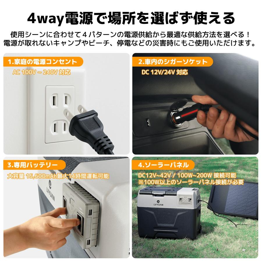 LVYUAN ポータブル車載冷蔵庫 40L バッテリー内蔵 大容量 -20℃〜20℃ 省エネ 急速冷凍 車載家庭両用 DC12V/24V AC100V 車中泊 キャンプ アウトドア 1年保証 |  | 03