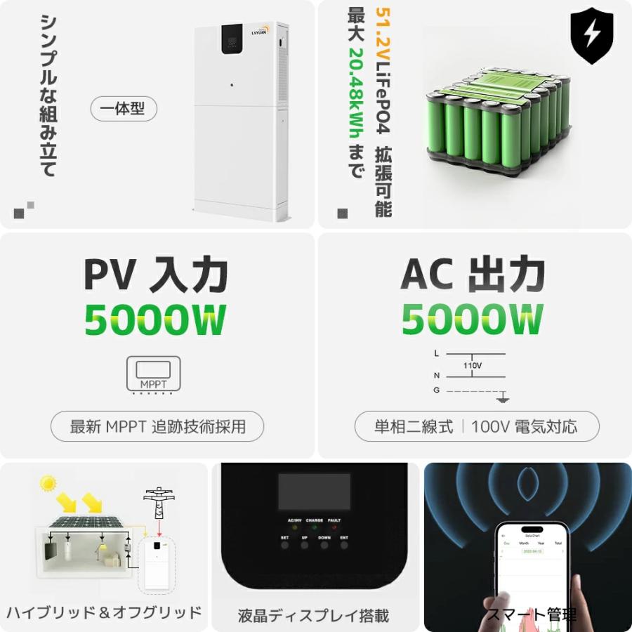 「10年保証」LVYUAN 蓄電池 5.12kWh 縦型ハイブリッド蓄電システム ハイブリッドインバーター エネルギー蓄電装置 太陽光発電 リン酸鉄リチウム電池 100AH |  | 01