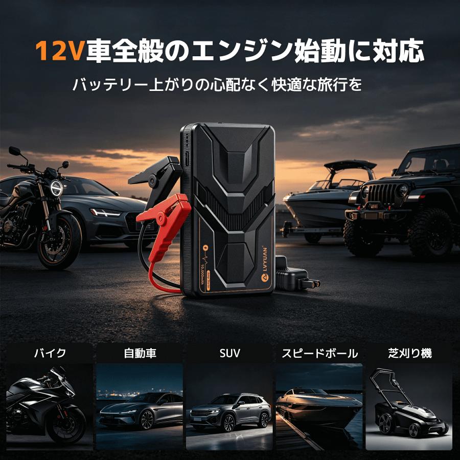 LVYUAN 12V車用ジャンプスターター 8000/10000mAhバッテリー ピーク