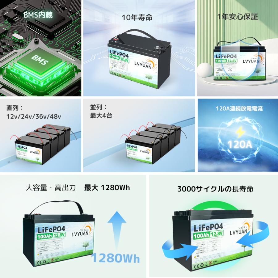 LVYUAN LiFePO4（リン酸鉄リチウム）電池 リチウムイオンバッテリー 12V 100AH 1280Wh｜shoryu-store｜02