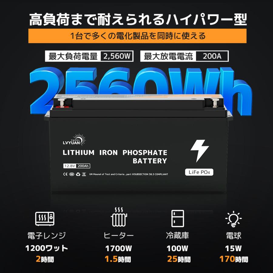 LVYUAN リン酸鉄リチウムイオンバッテリー 12.8V/200AH 2.56KWH 大容量