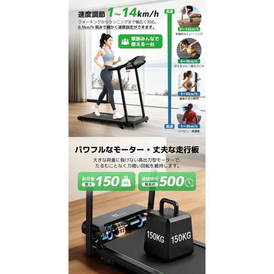 ランニングマシン ルームランナー MAX14km/h 耐荷重150kg 4段階傾斜