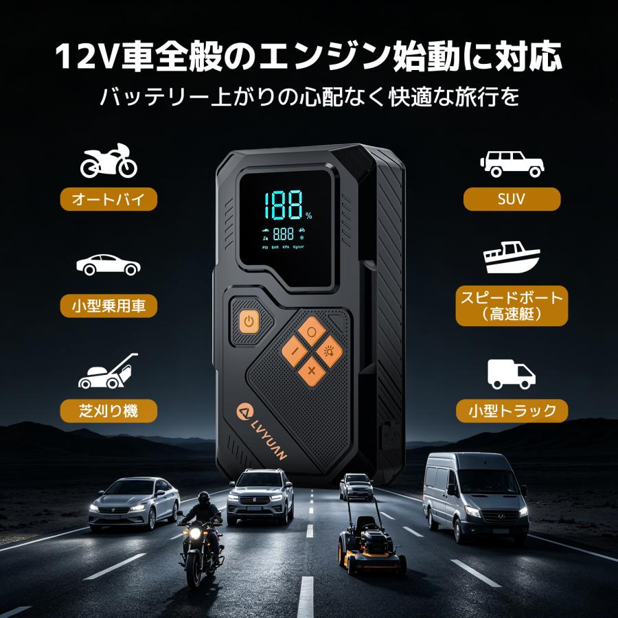 LVYUAN 12V車用ジャンプスターター 10000mAh/12000mAh電池 タイヤ空気 