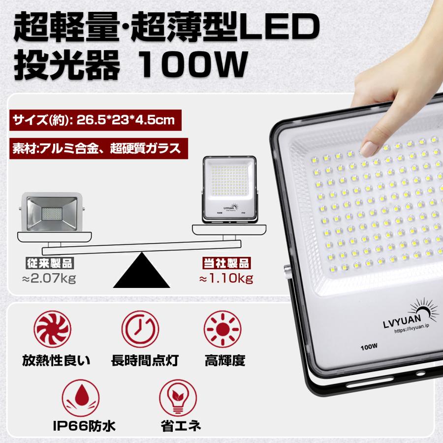 LVYUAN(リョクエン) 【超爆光 2個入 超軽量、薄型 PC素材】 100w LED 投光器昼光色 12000LM ledライト led外灯 看板灯 IP66 防水 豪雨対応 薄型 屋外 作業灯 |  | 01