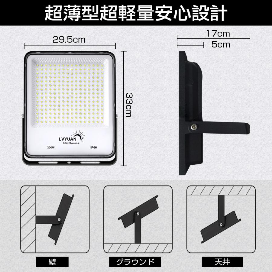 LVYUAN(リョクエン) 【超爆光 2個入 超軽量、薄型 PC素材】200W LED 投光器 昼光色 24000LM ledライト led外灯 看板灯 IP66 防水 豪雨対応 薄型 屋外 作業灯｜shoryu-store｜06