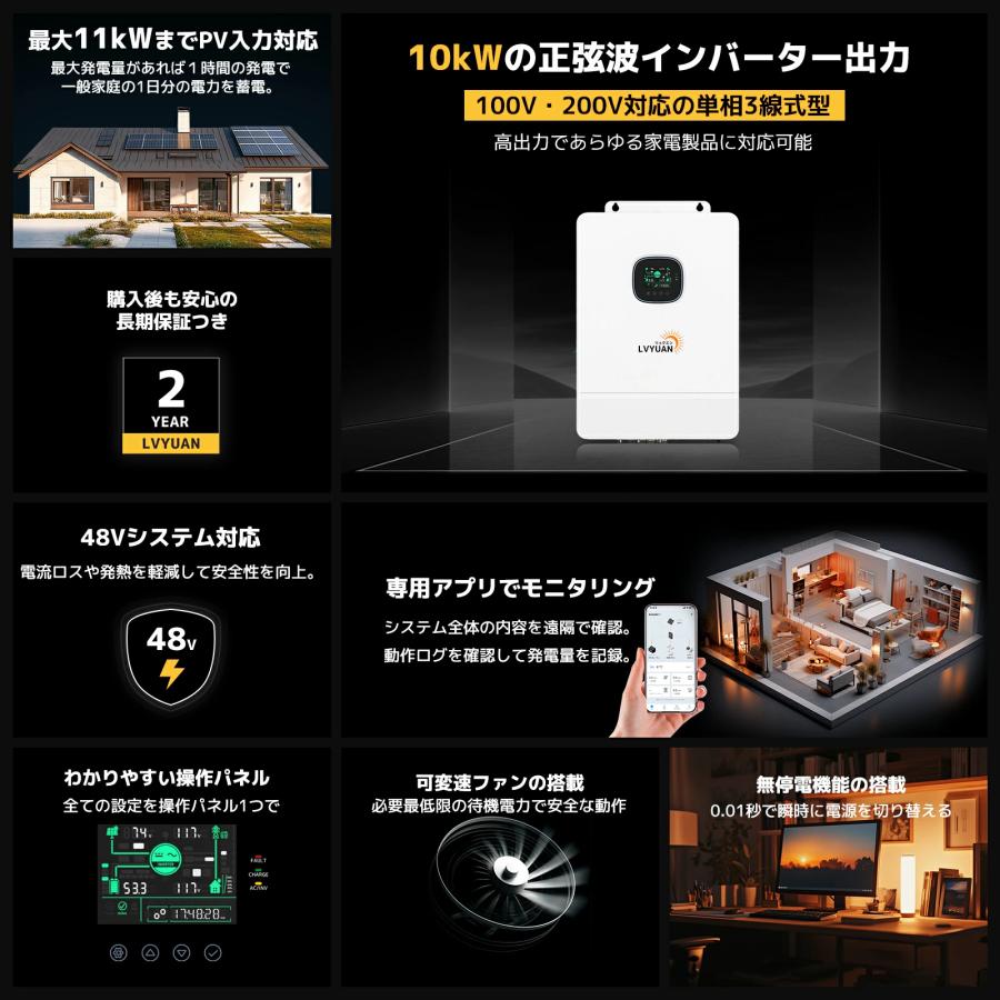 「セール」MPPT 10KW 正弦波 オフグリッド ハイブリッド インバーター 48Vバッテリーに対応 並列と直列可 ソーラーチャージインバーター wifiモジュール付き |  | 01