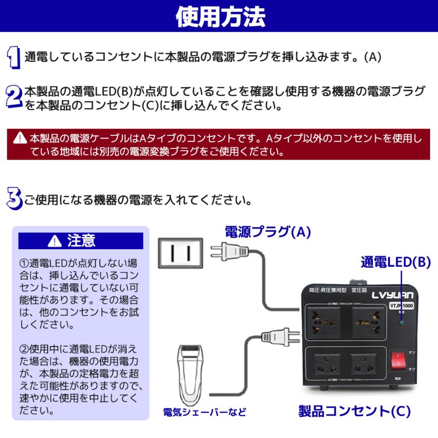 海外国内両用型変圧器 アップトランス ダウントランス 降圧 昇圧兼用型 ポータブルトランス 1000W 1000VA 100V/110V 220V/240V 自由変換 LVYUAN｜shoryu-store｜08