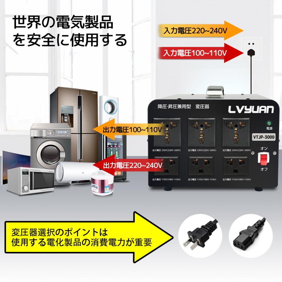 海外国内両用型変圧器 3000W アップトランス ダウントランス 降圧 昇圧兼用型 ポータブルトランス 3000VA 100V/110V 220V/240V 自由変換 LVYUAN｜shoryu-store｜02