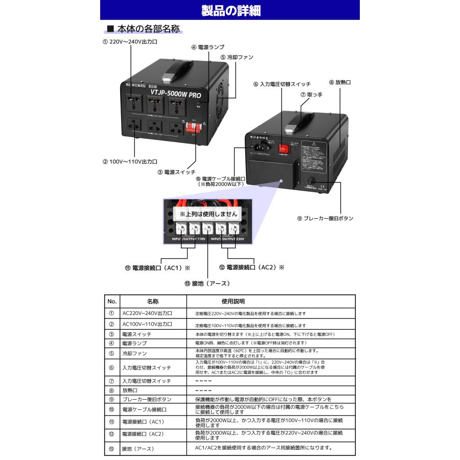 5000VA 変圧器 アップトランス 高出力2000W以上電気製品適用
