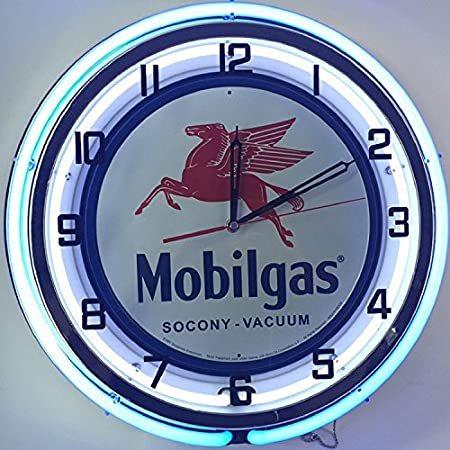 人気のクリスマスアイテムがいっぱい！ ラージ45.72cm MobilGas Mobil ダブルネオンクロック フライングレッドホースペガサス メタルサイン 掛け時計、壁掛け時計