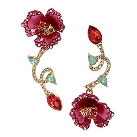 【税込】 Betsey Johnson Women's Floral Mismatch Earrings, Fuchsia, One Size イヤリング
